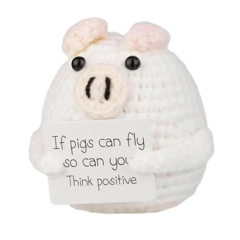 New Emotional Support Pig Handmade Crochet Pig Doll Car Dashboard Decor With Wooden Base Inspirational Card Positive Support Pig