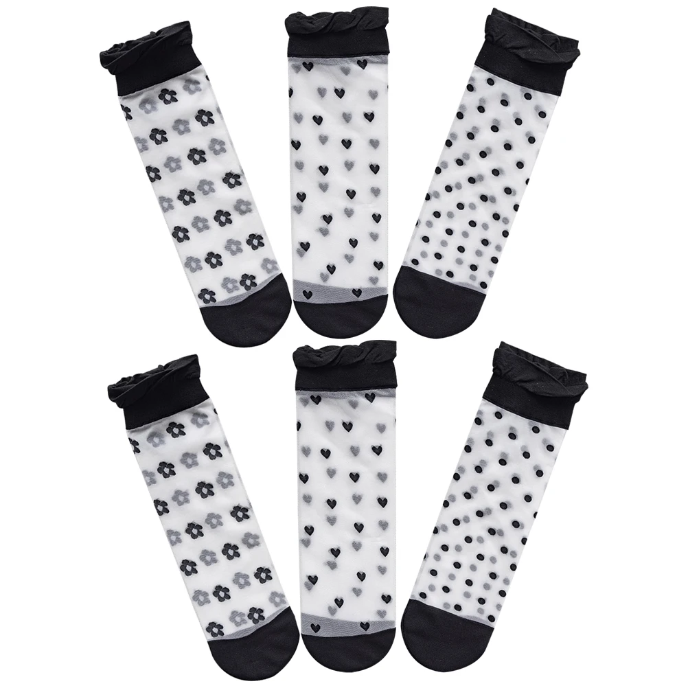 

3 Pairs Black White Mid Tube Sheer Socks Women Summer Breathable Mesh Stockings Lace Dot Heart Flower Retro Casual Shoes
