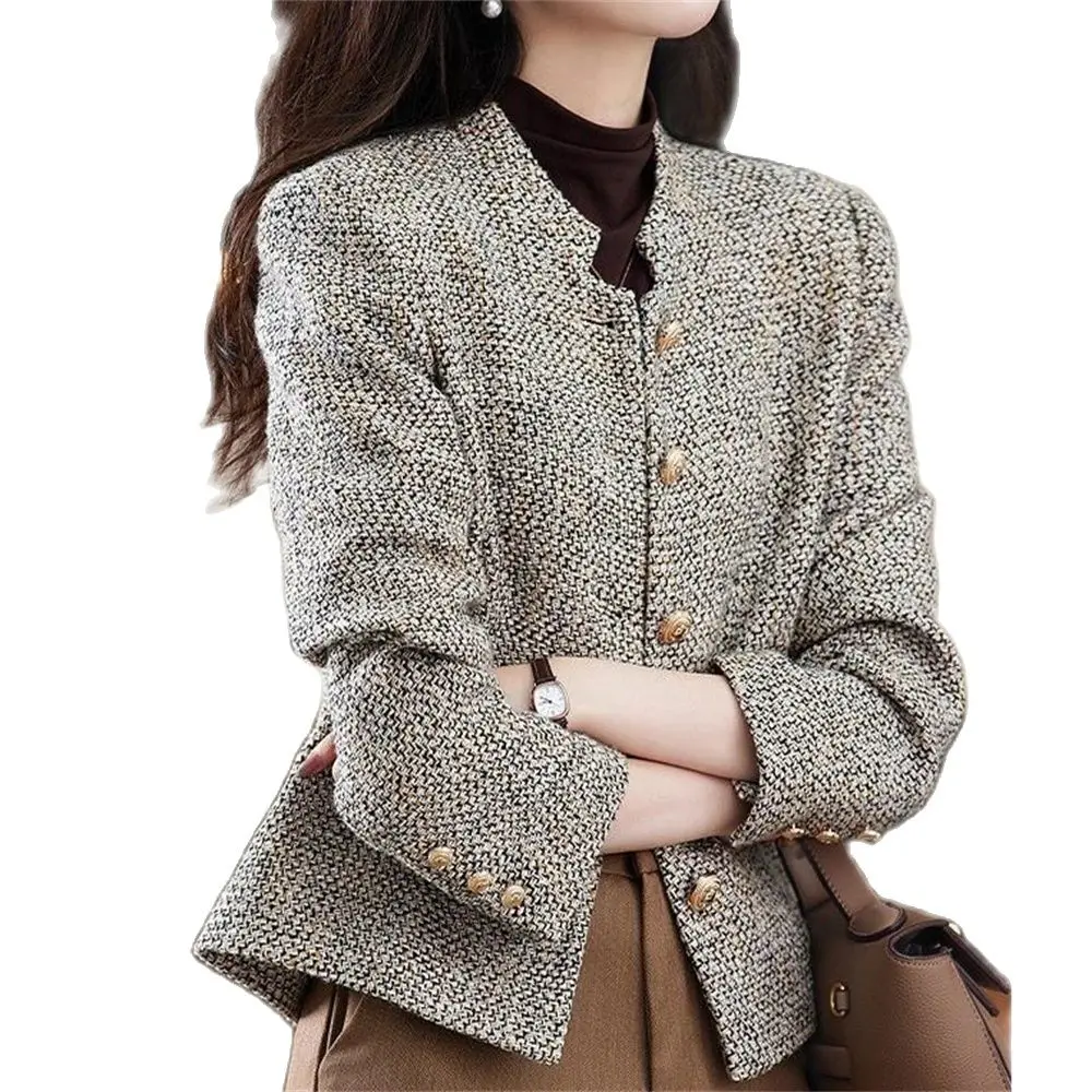 

Office Lady Elegant Design Tweed Jacket Fashion Stand Up Collar Faux Woolen Coat Women Single Breasted Long Sleeve Outwear