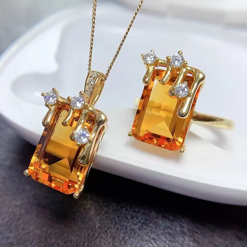 

Новейший дизайн, кольцо и кулон с цитрином из серебра 925 пробы для вечеринки, комплект ювелирных изделий с натуральным цитрином 10*14 мм, всего 14 карат, с позолотой 18 карат
