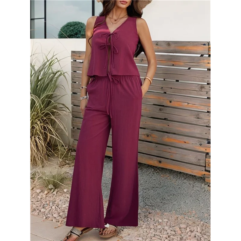 A68M-Conjunto feminino de 2 peças com decote em V e gravata na cintura e conjuntos de calças casuais de pernas largas