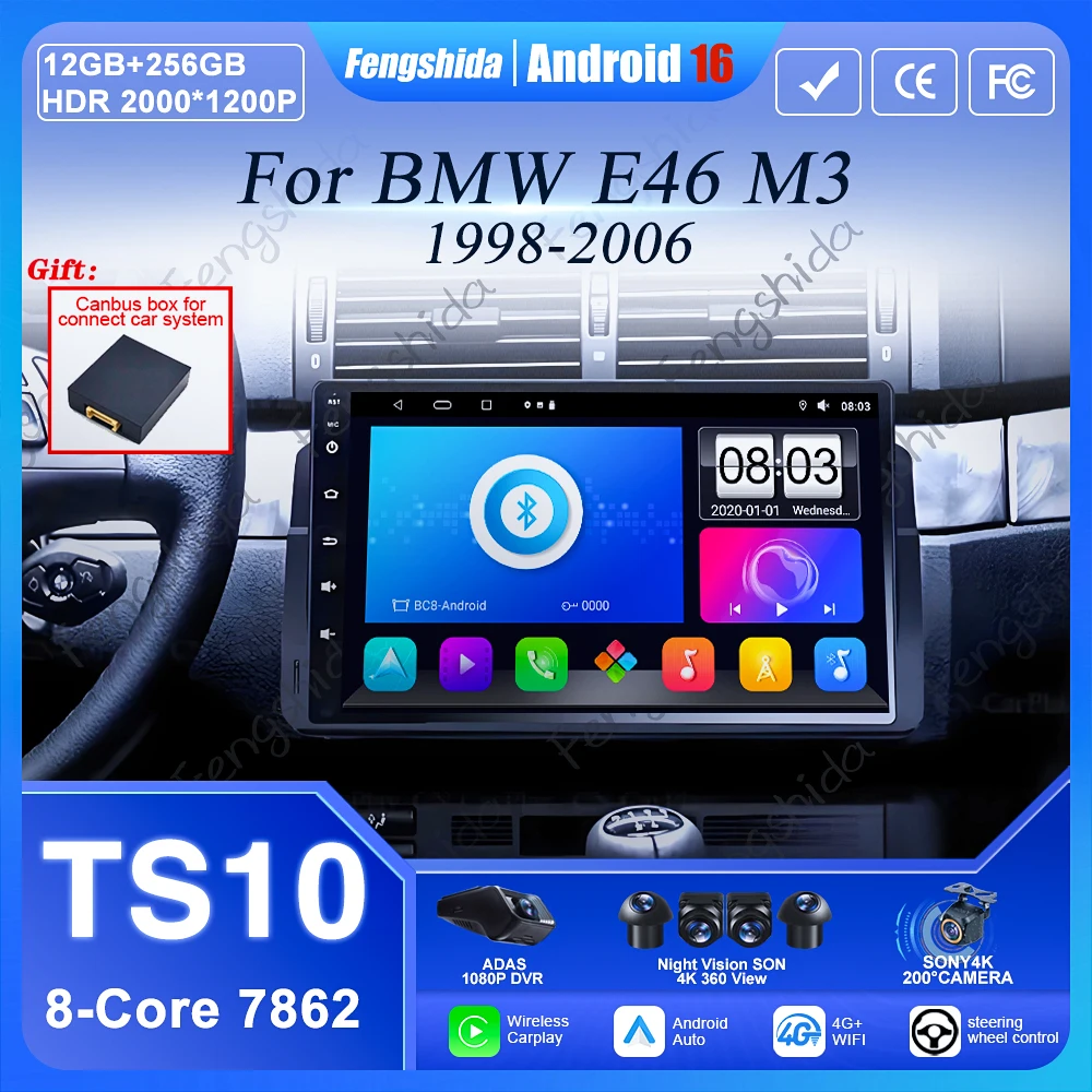 

Android 16 Car Radio For BMW E46 M3 1998-2006 Carplay Auto Multimedia Video Player 2Din 4G+WIFI GPS Navigation Head Unit Stereo