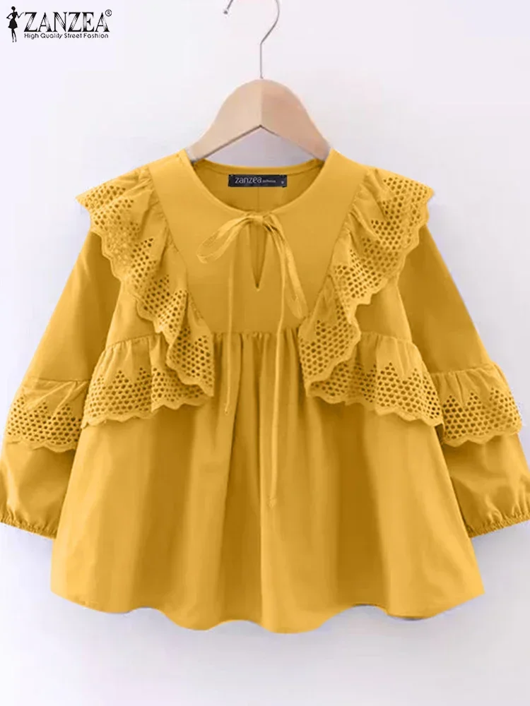 

ZANZEA 2025 Summer Women Solid Color Shirt Fashion Ruffled Stitching Tops Casual 3/4 Sleeve Pleating Tunics Lace Up Neck Blouses