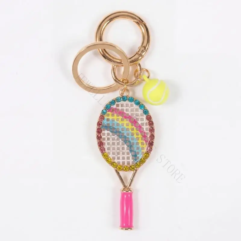 R7UF Sports Theme Bag Charm Keychain with Tennis Racket Pendant, Alloy Ring Clip, and Heart Detail for Daily Accessories