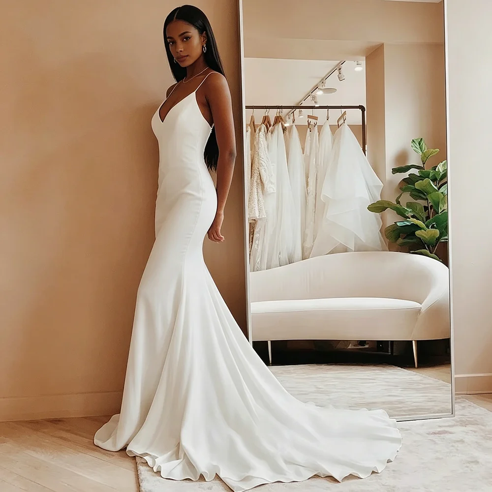Vestido de novia de satén Simple moderno personalizado con cuello en V tirantes finos sin espalda Formal plisado vestidos de novia tren de barrido