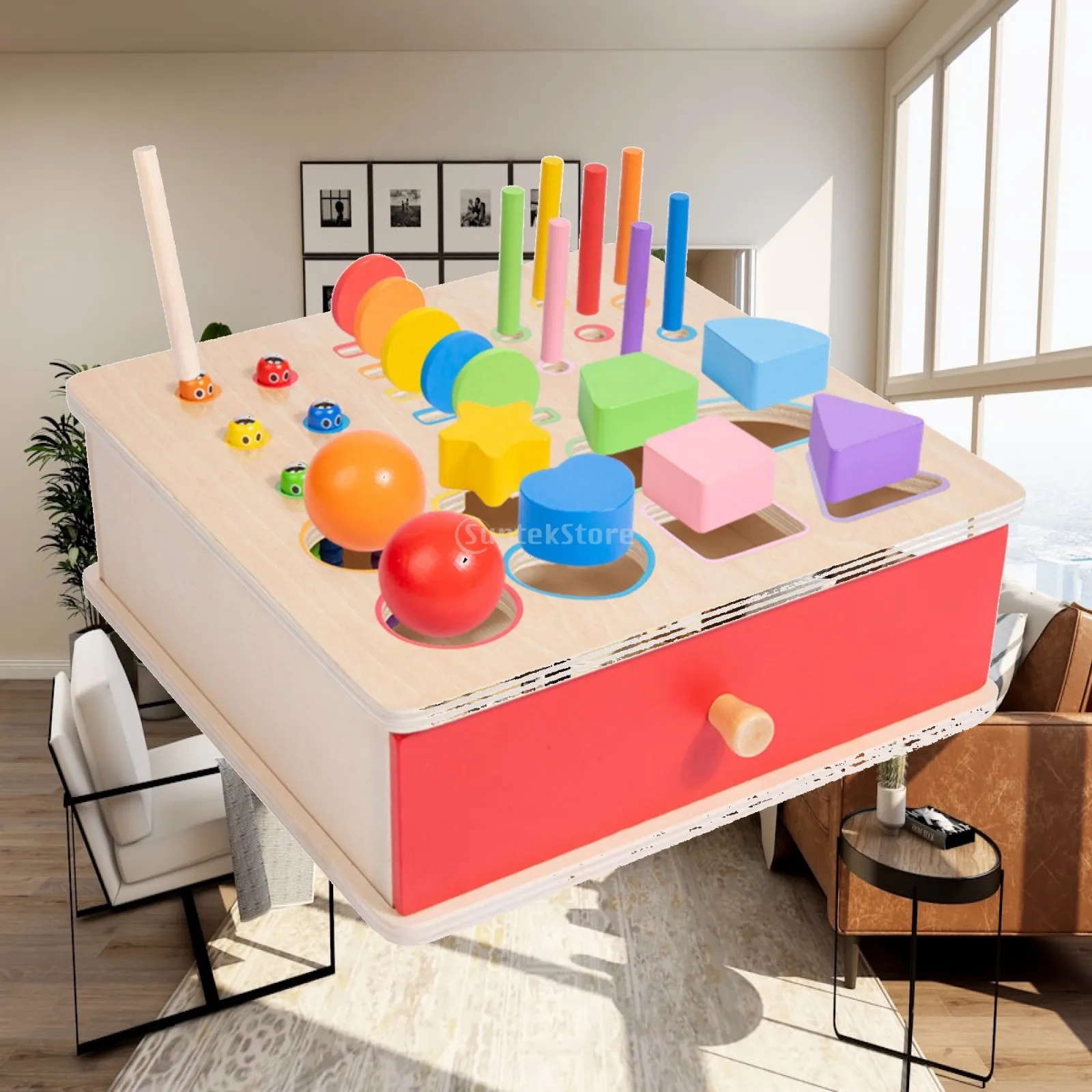 Child-Led Sorting Box Drawer Style Disc Insertion Toy Wooden Shape Matching Box for Young Children, Preschoolers