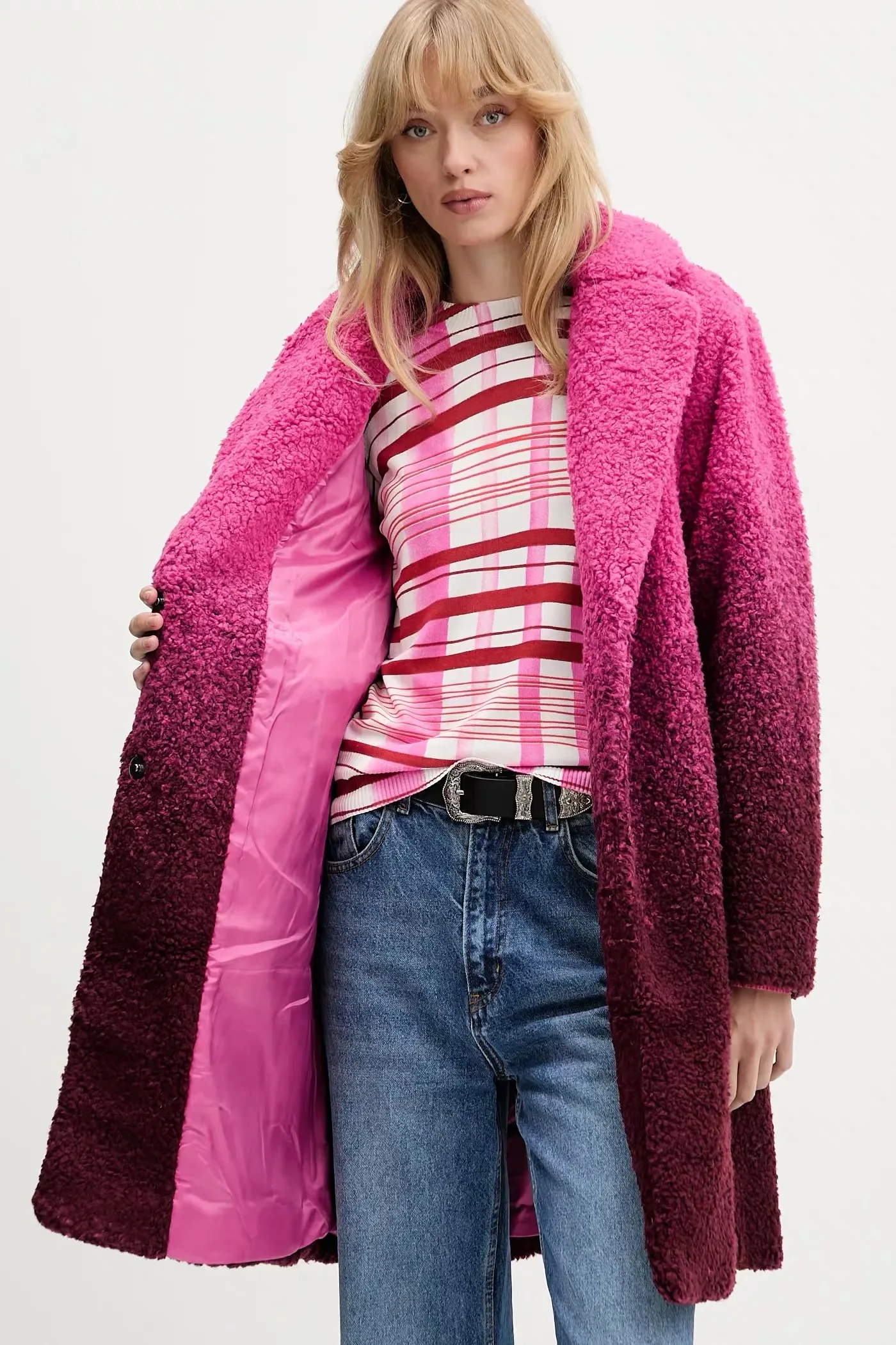 Foreign trade Spain original single women's coat gradient pink purple medium long suit collar with wool and thick coat