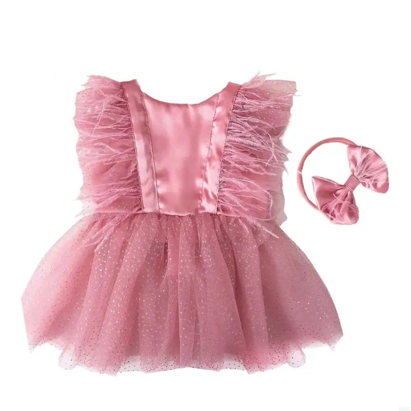 M89C 2Pcs/pack Tulle Skirt and Headband Set for Infants Photography Newborns Romper