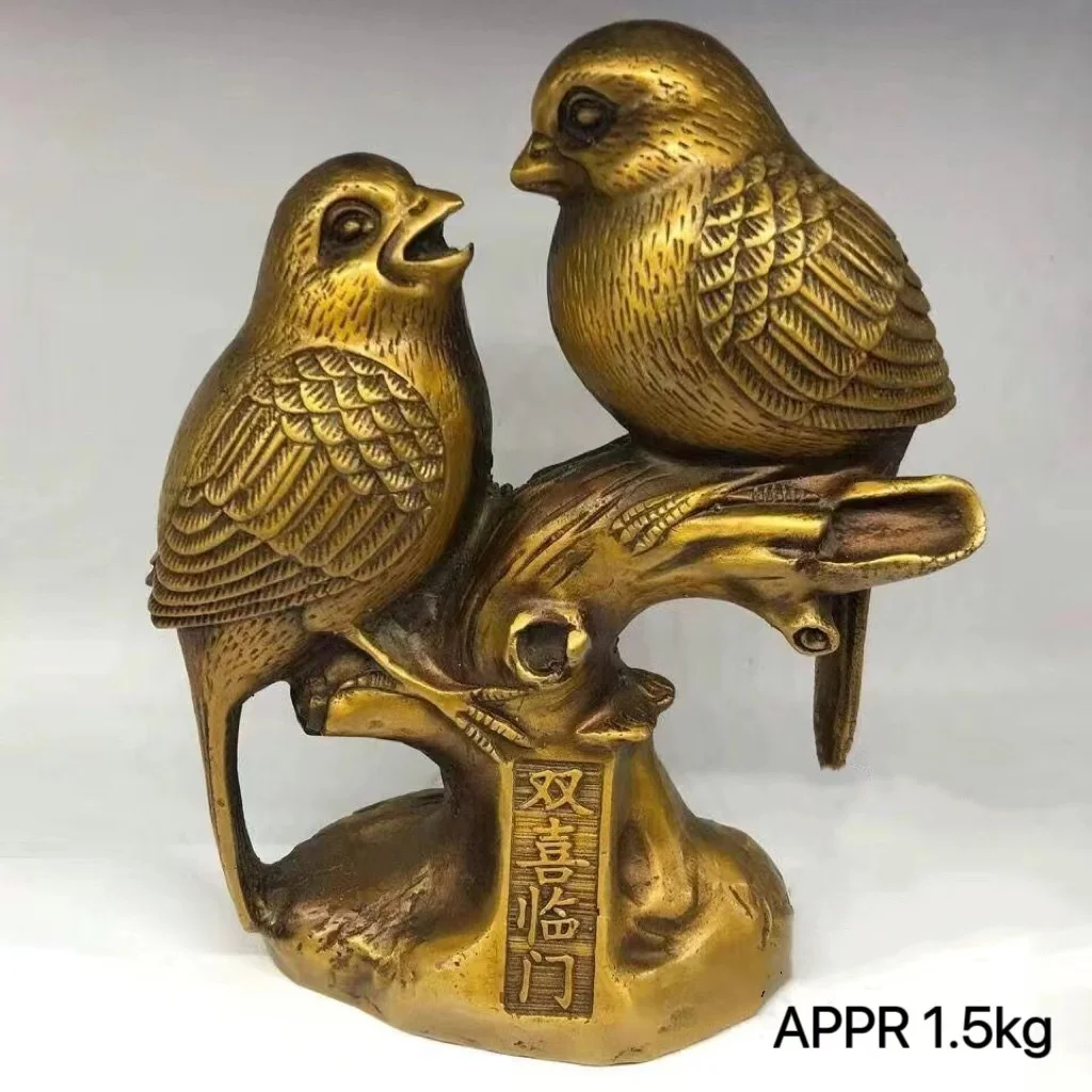 Old Brass Antique for Collection Chinese Qing Dynasty GOOD THINGS COME IN PAIRS Magpie Ornament Home Decor Lucky Feng Shui Gifts