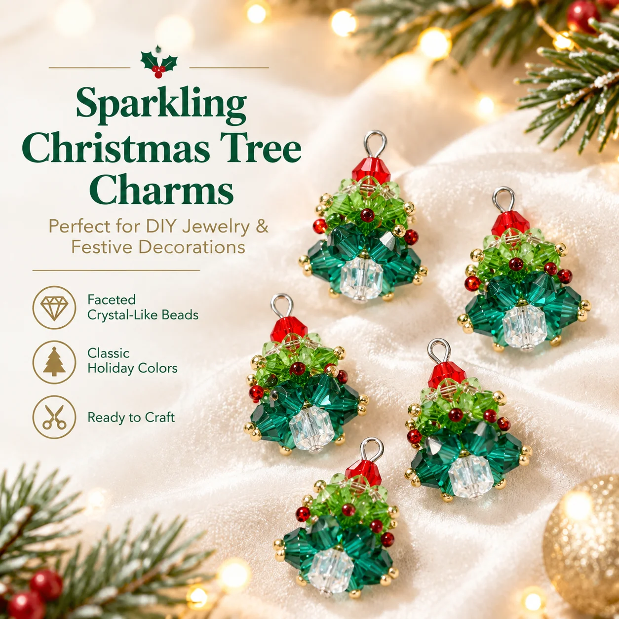 5Pcs 3D Beaded Christmas Tree Crystal Charms for DIY Crafts Xmas Keychain Bracelet Necklace Earring Jewelry Making Supplies