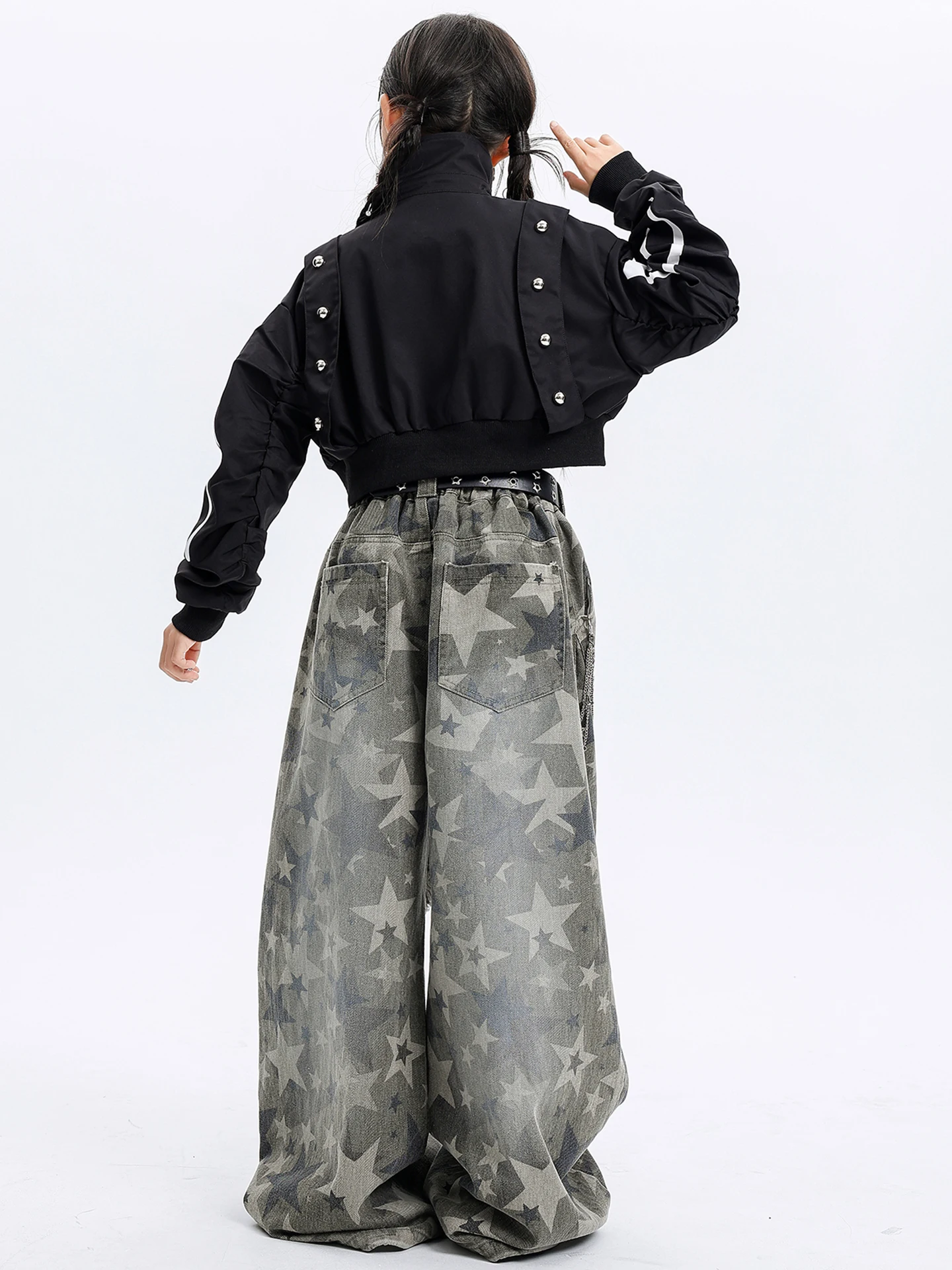 Stroje do tańca hip-hop dla dzieci na rok 2025, dla dziewcząt, krótki płaszczyk, luźne spodnie, odzież uliczna, taniec jazzowy, ubrania rave, DQS21347