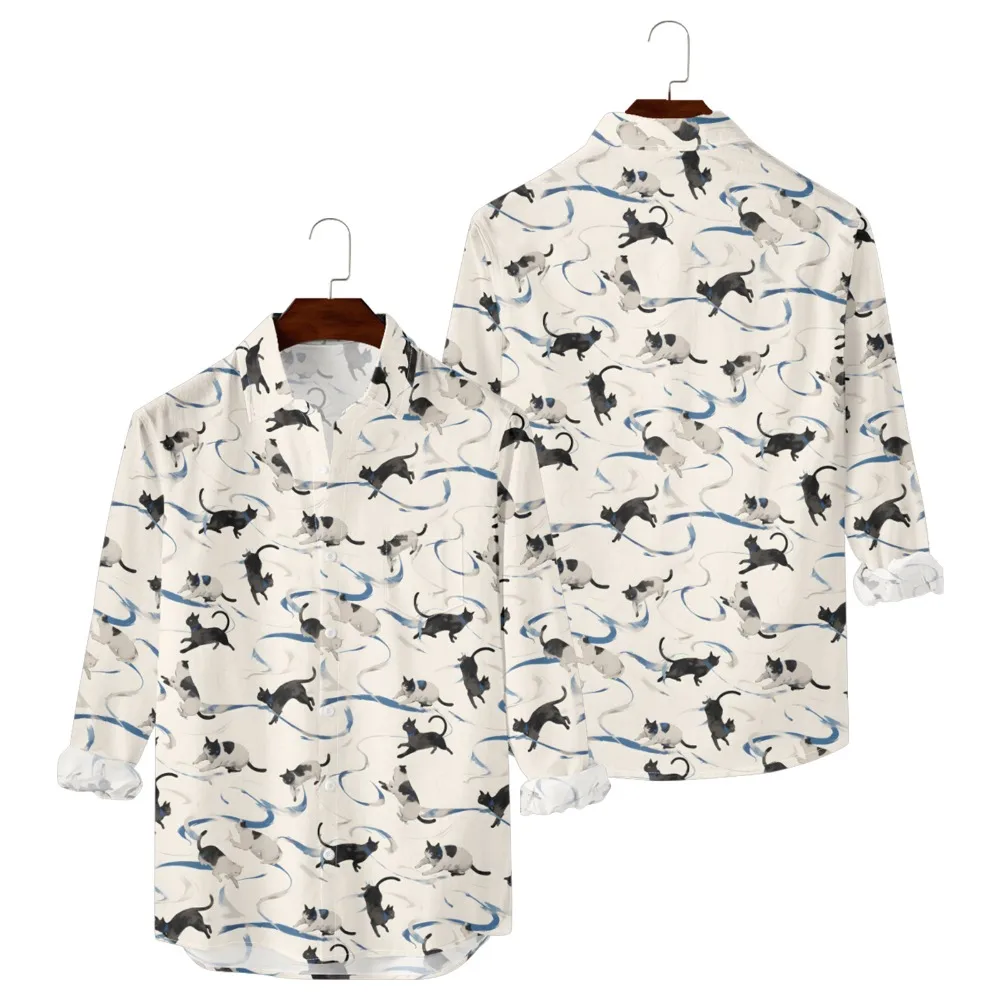 Hawaiian Button Up Shirts Love Pet Cat Face Printed Full Sleeve Streetwear Casual Men Vacay Beach Parties Travel Poolside Shirt