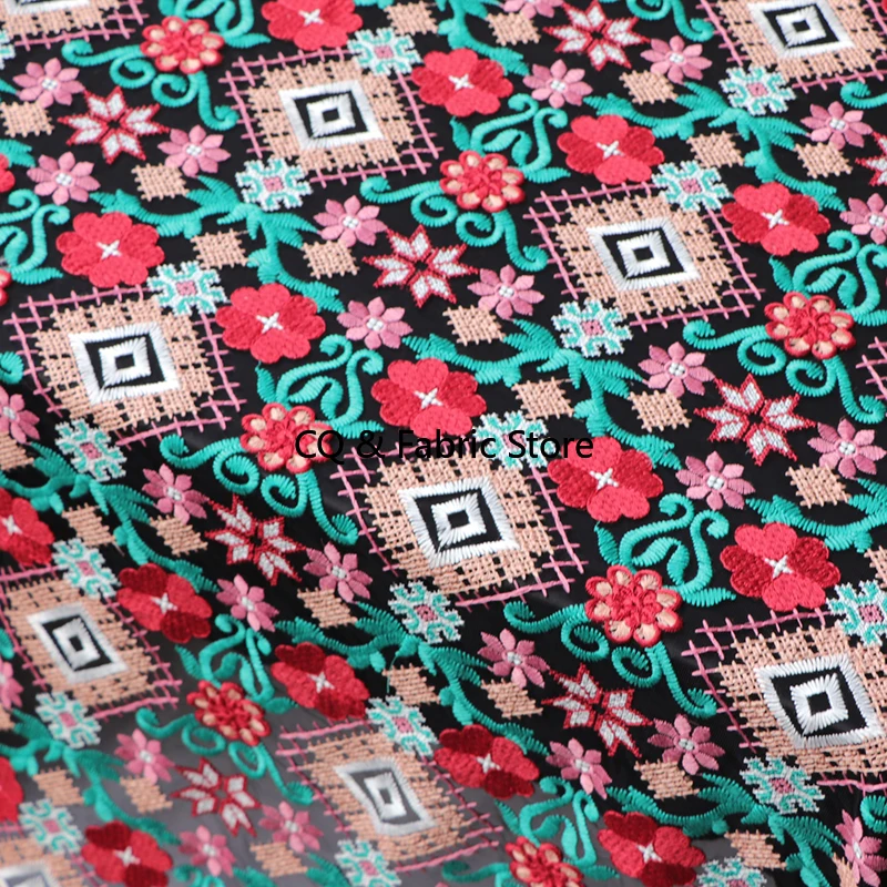 Black Ethnic Cross Stitch Embroidery Lace Fabric with Netting for Dressmaking By The Yard