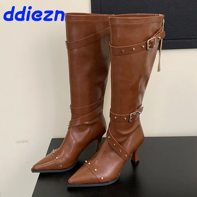 

Fashion Rivet Women Knee High Boots Female Zippers Shoes Designer Footwear Heels Shoes Pointed Toe Ladies Long Modern Boots