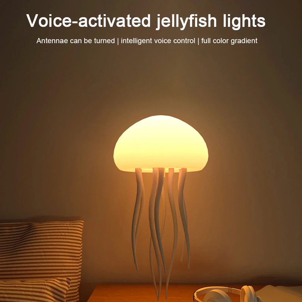 3D Jellyfish Night Light Jellyfish Nightlight Voice Control Atmosphere Light with Rotating Tentacles Type-C Charging for Desktop