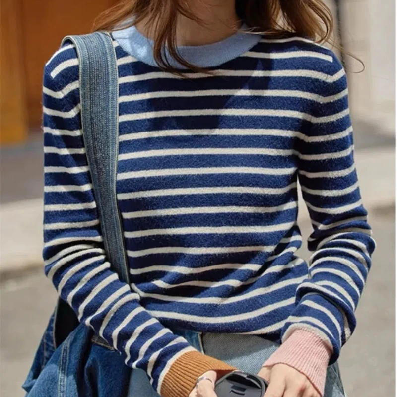

Новый весенне-осенний женский сращенный пуловер с круглым вырезом в полоску, модный свободный универсальный минималистичный повседневный вязаный топ с длинными рукавами