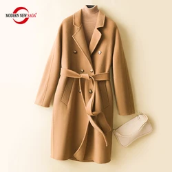 MODERN NEW SAGA 100% Wool Women Coat Autumn Wool Overcoat Winter Warm Double-sided Cashmere Long Coats Lady Double Breasted Belt