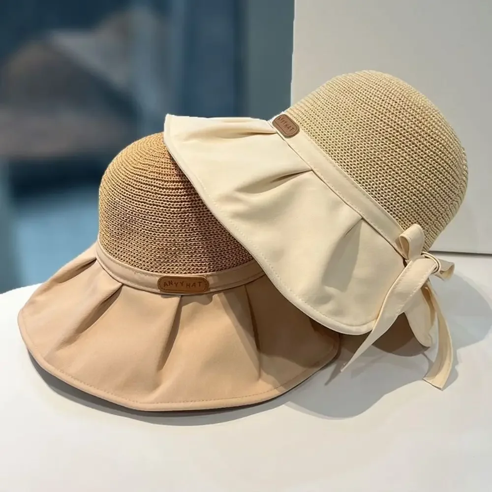 

Summer Women Bucket Hat Versatile UV Protection Big Wide Brim Beach Sun Hats Bows Panama Caps Outdoor Travel Ponytail Caps