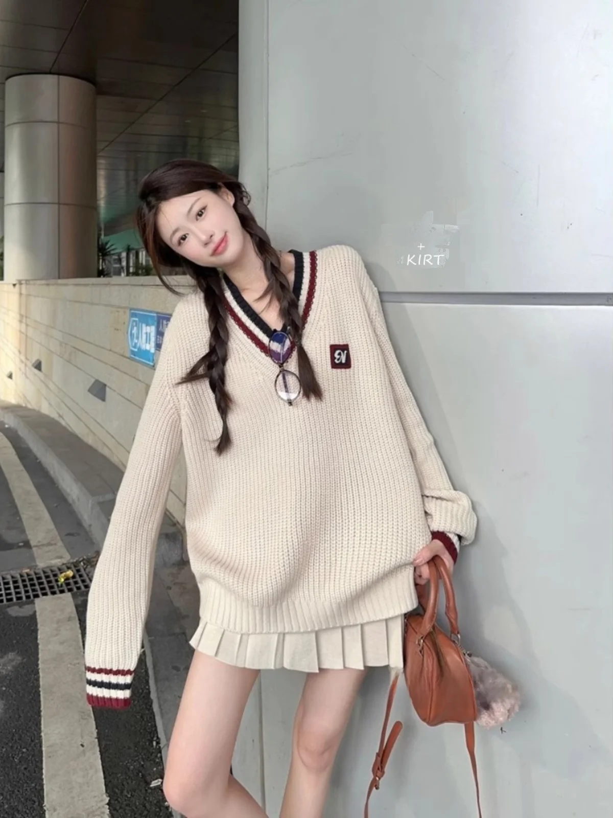 

Color Blo V-Ne Long Sve Knitted Sweater Women's Autumn Winter Loose Fit Retro American Sle Casual Trendy Sweater