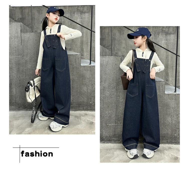 Kinder Vintage Dunkelblauer Denim-Overall für Mädchen, Modischer Jumpsuit, High-Street-Oberbekleidung, Kinder-Teenager-Latzhose mit Trägern, Größe 5-14 – Detail 4