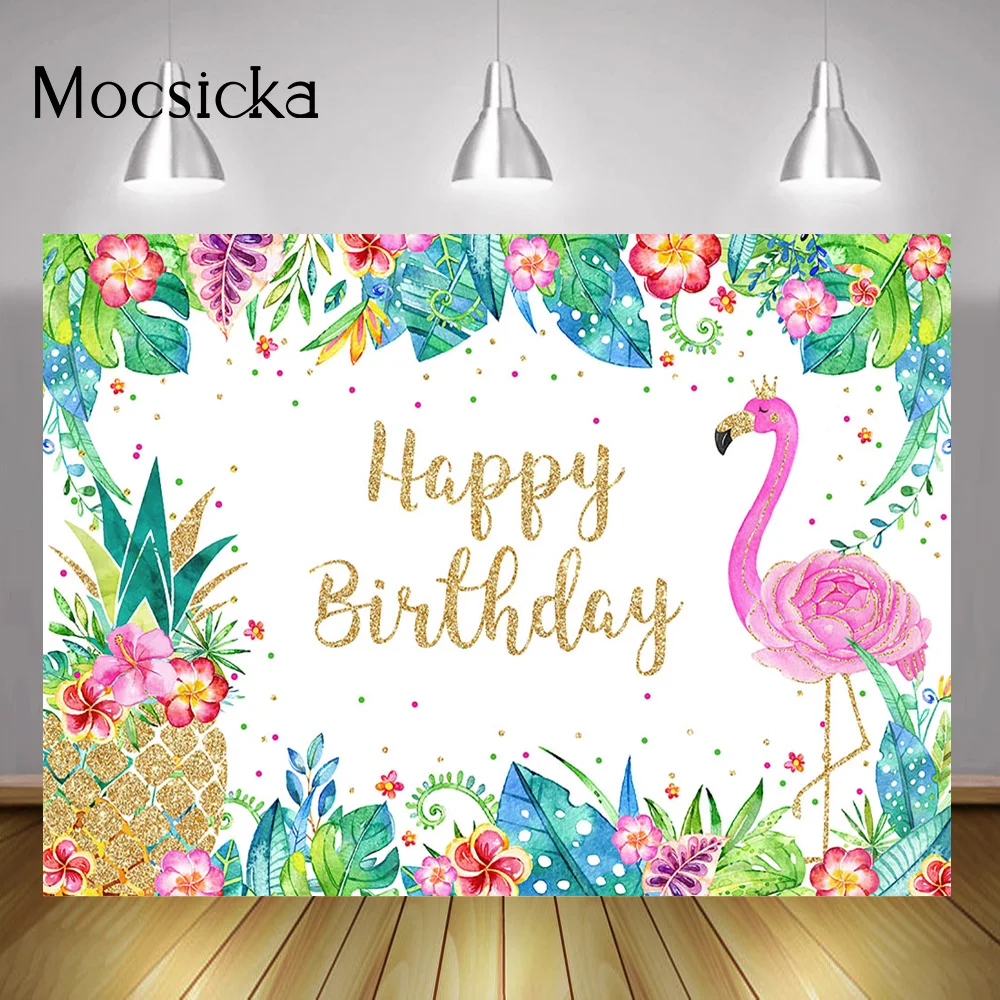 

Pink Flamingo Happy Birthday Backdrop Summer Tropical Flowers Leaves Background Golden Pineapple Custom Name Party Decorations