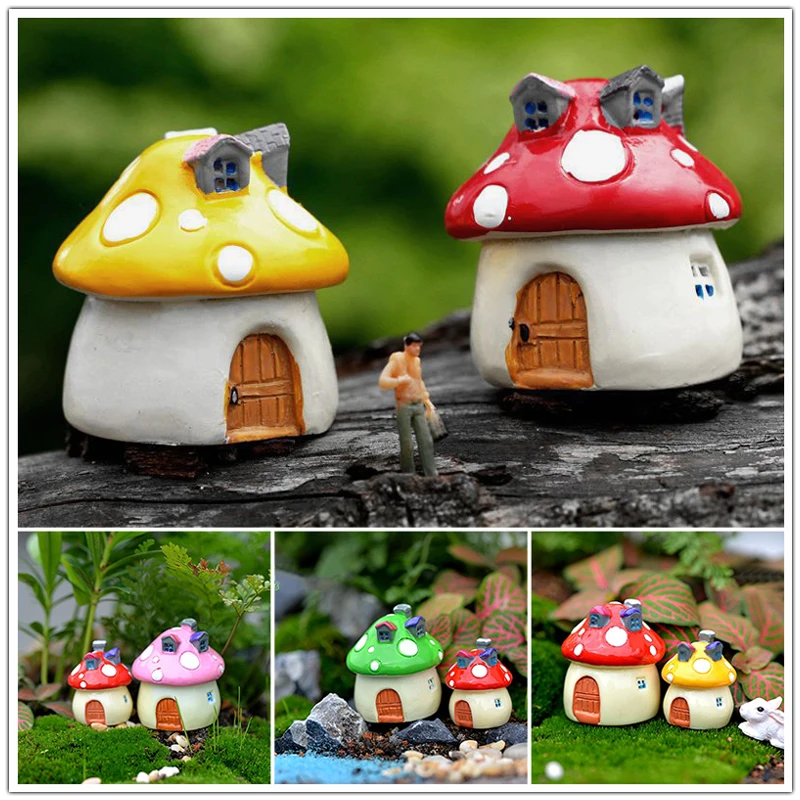 1PC Resin Mini Mushroom House Small Mushrooms Figurines Micro Landscape Ornaments Fairy Garden Yard Statue Decorations Craft