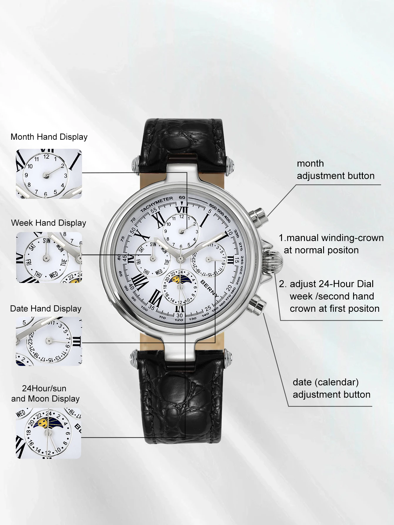 BERNY Classic Dress Automatic Watch for Men Luxury Stainless Steel Mechanical Wristwatch Leather Strap Waterproof Sliver Watches