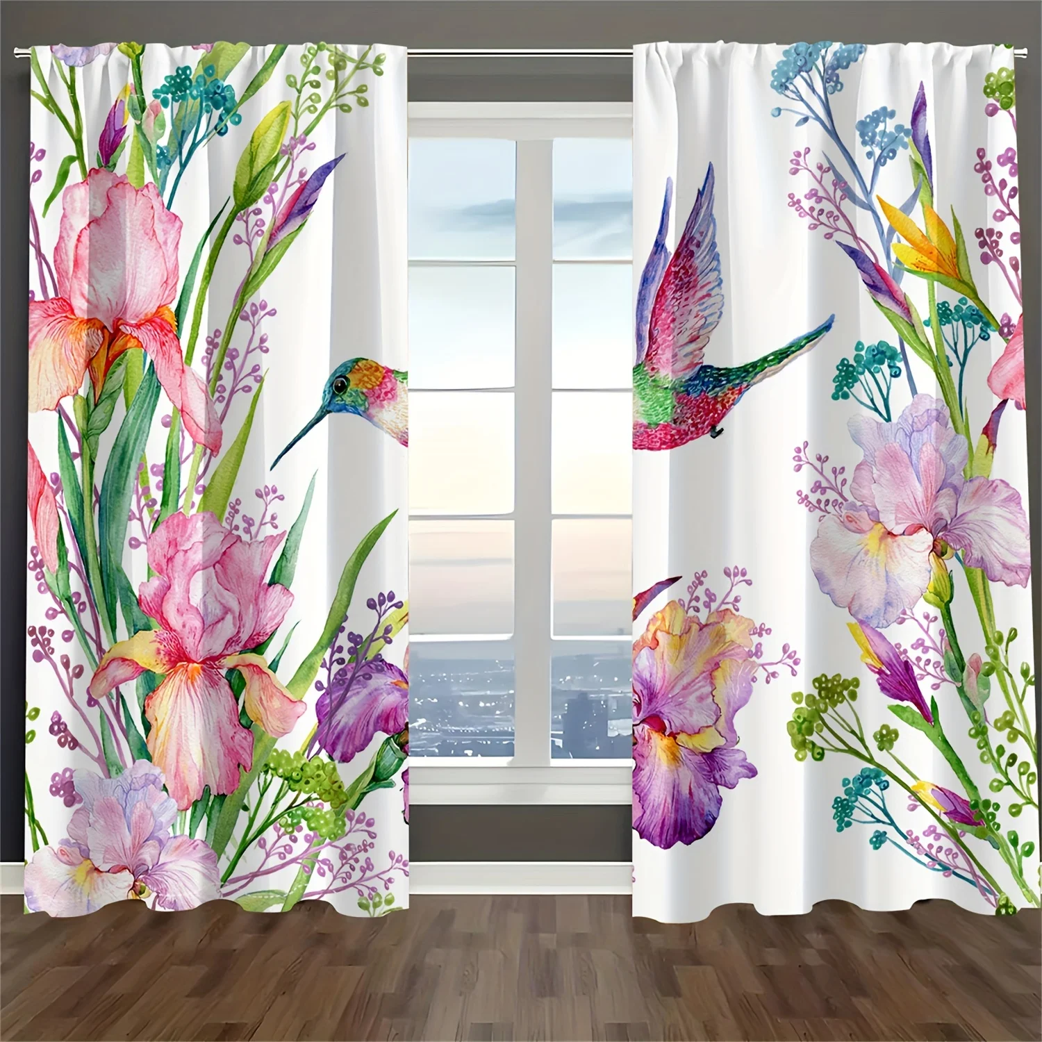 2pcs Colorful Hummingbird Prints Light Filtering Curtains Semi-Sheer Privacy Window Drapes Treatments For Bedroom Living Room