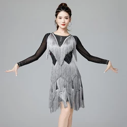 Sexy One-Piece Latin Dance Dresses Contrast Color Gilr Salsa Samba Sling Stretchy Dress Long Sleeves Fringes Competition Costume