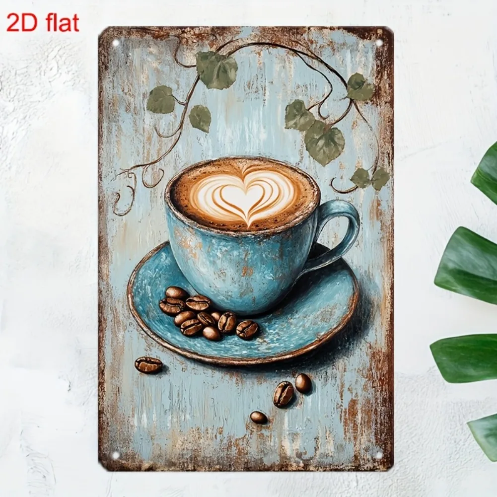 2D Flat Vintage Coffee Cup Metal Wall Art - Rustic Blue Enamel Heart Latte Design, Iron Sign with Pre-Drilled Holes