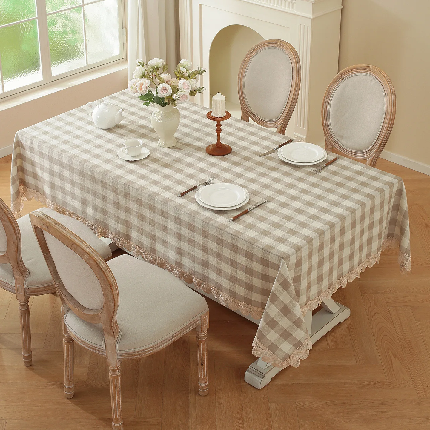 Vintage Plaid Tablecloth Faux Linen Lace Edge Dustproof Table Cover for Home Kitchen Decor