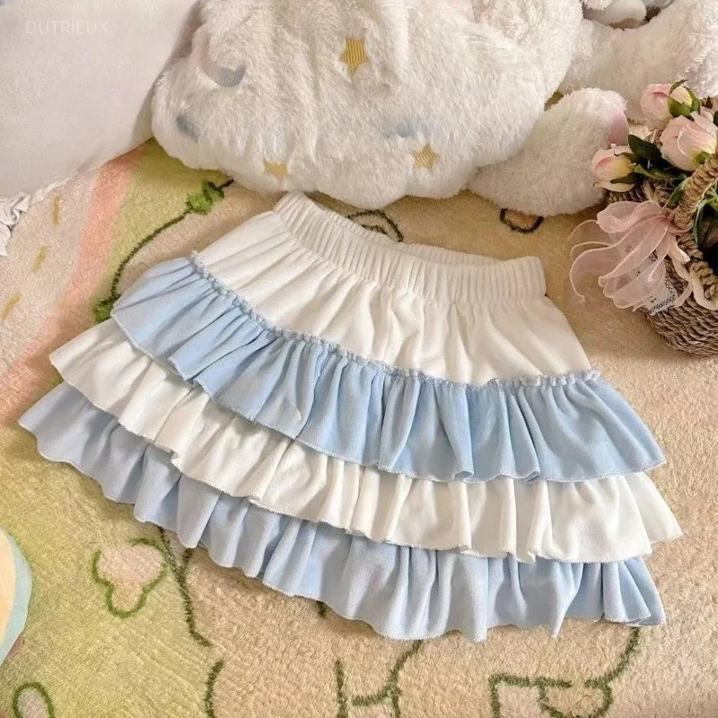 Japanese Contrast Color Patchwork Sweet Women Skirts Y2k Aesthetic A-line Ruffled Mini Skirt Harajuku Cute Wing Grunge Faldas