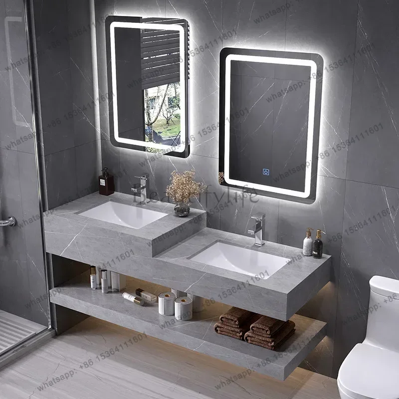 ld Modern Bathroom Cabinets with Smart Mirror Slate Ceramic Double Washbasin Vanity Parent-child Sink Bathroom Furniture