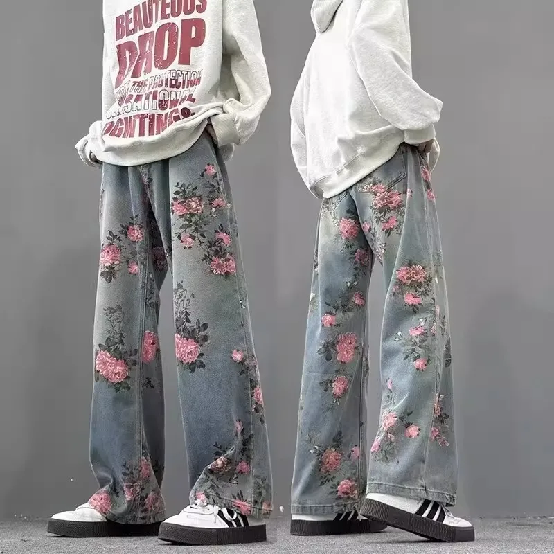 

Мужские джинсы с винтажным принтом роз, широкие, свободного кроя, слегка расклешенные, повседневные, удобные, из денима, со средней посадкой, на молнии