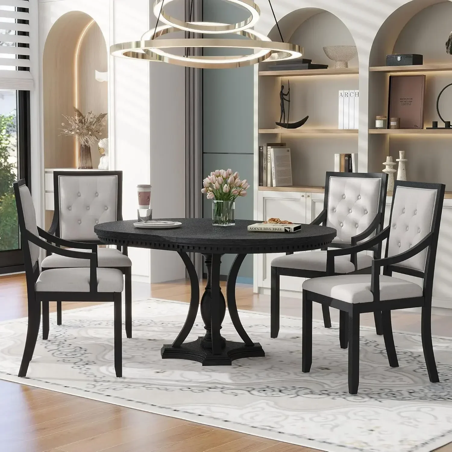 

Dining Table Set for 4, Farmhouse Kitchen Table Set with 1 Extendable Round Table and 4 Upholstered Dining Chairs, Wooden