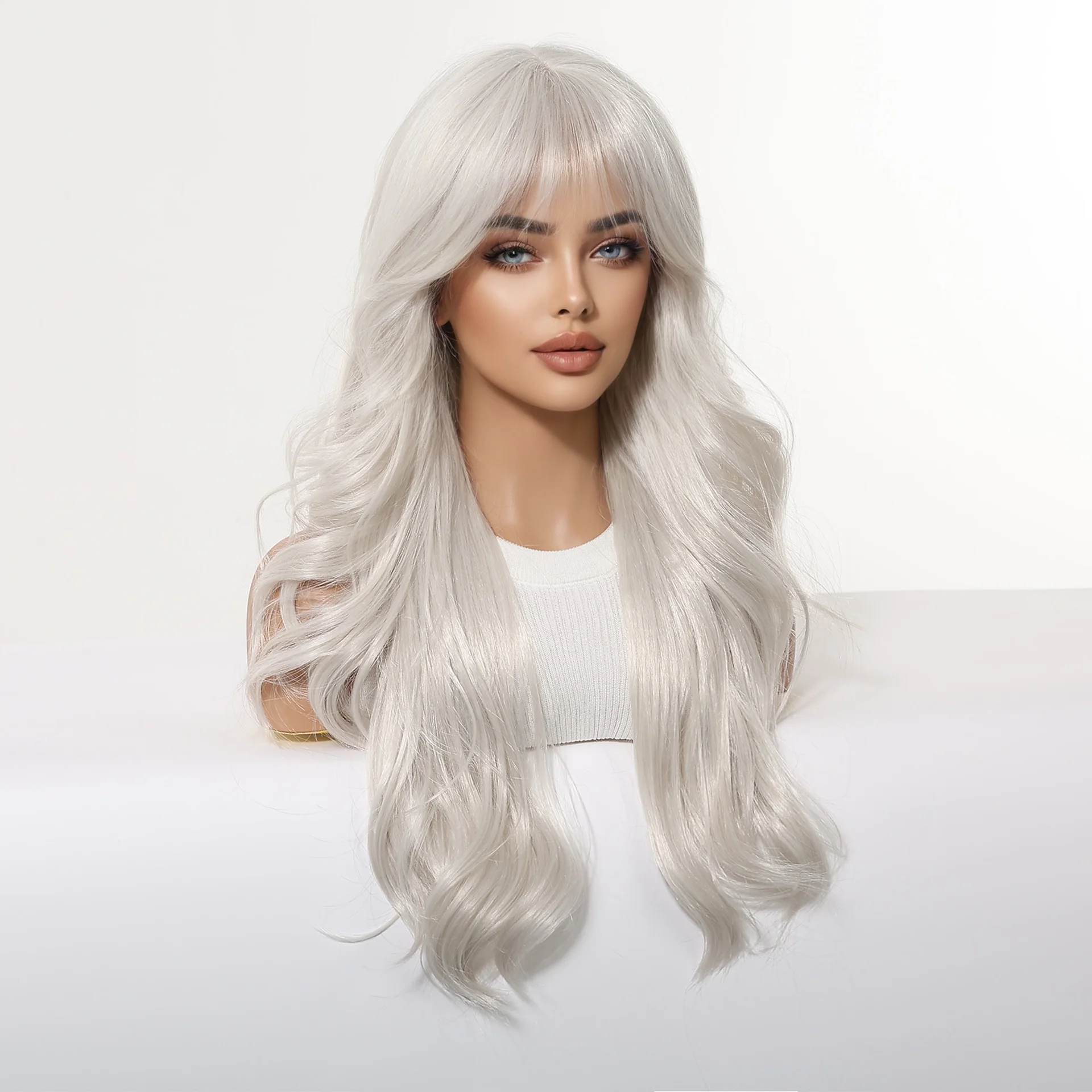 Allbell Magique Silvery White Highlight Wigs For Women Party Cosplay Long Wavy Curly Synthetic Natural Wigs Heat Resistant
