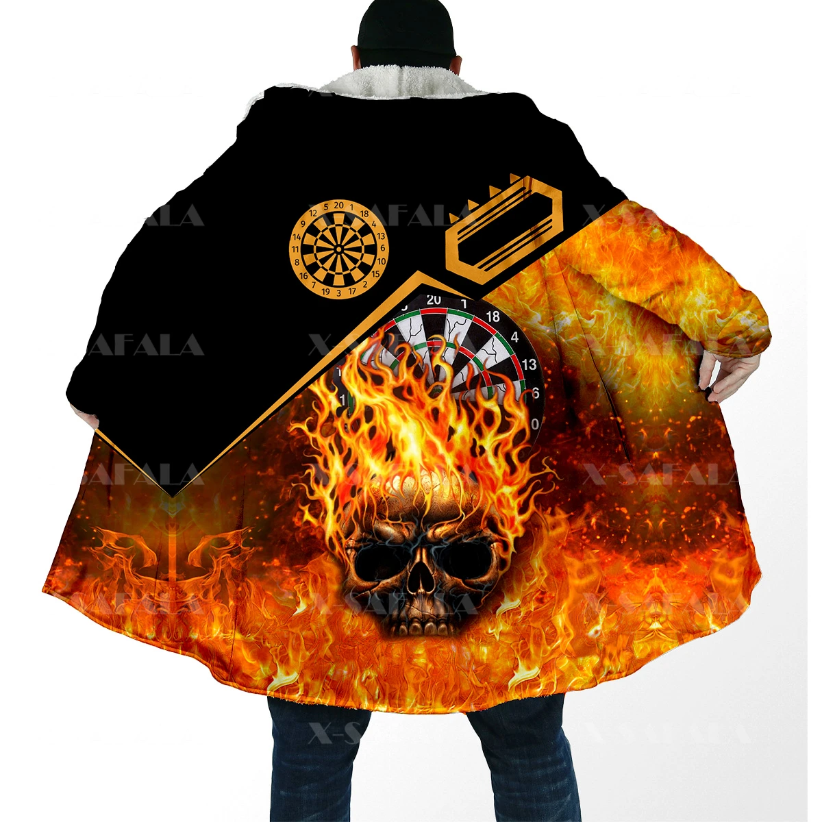 Darts Lover Gift Sports Fire Skull Overcoat Coat 3D Printed Thick Warm Hooded Cloak for Men Windproof Fleece Unisex Casual-57