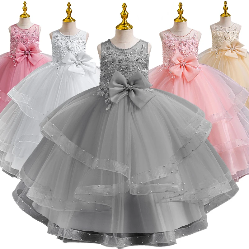 High Quality Girls Fluffy Tulle Beaded Embroidered Elegant Formal Dress Children Wedding Bridesmaid Communion Graduation Dresses