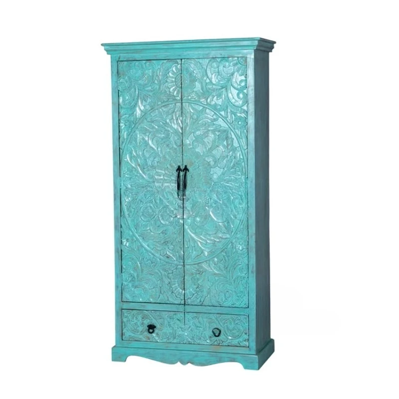 A  American Retro Old Solid Wood Carving Flower Wardrobe Double Door Wardrobe Bedroom Small Apartment Locker
