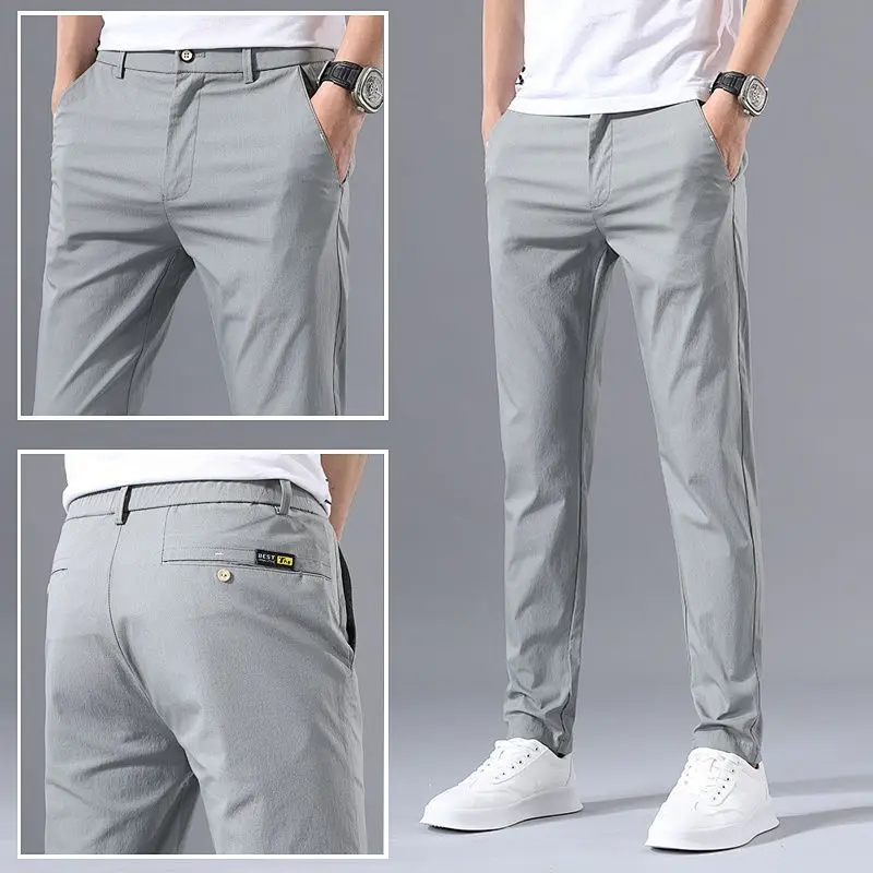 Spring Summer New Slim Fit Thin Casual Straight Suit Pants Men Solid Button Zipper Pockets Daily Korean Versatile Full Trousers