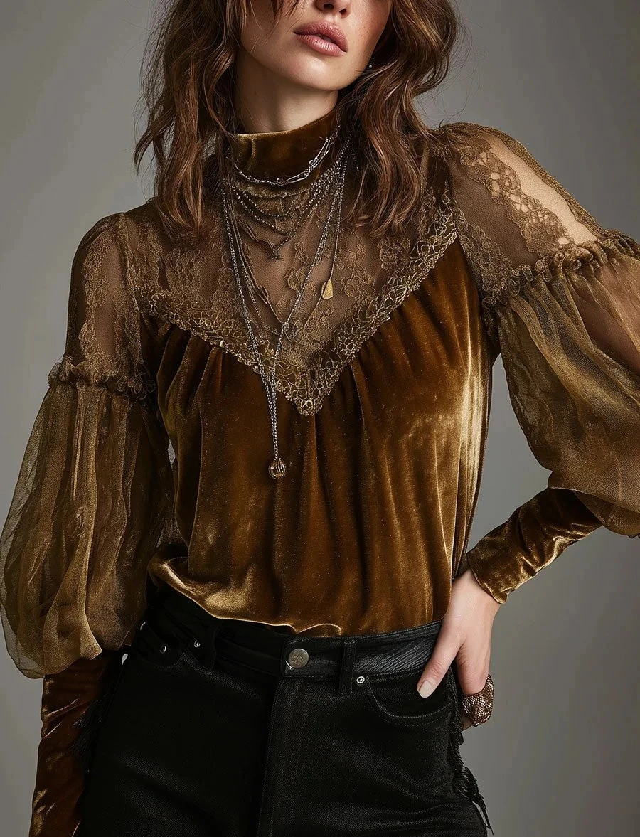 

Autumn Velvet Shirt for Women New Fashionable Long-sleeve Half Turtleneck Base Blouses for Women Sexy Mesh Lady Tops