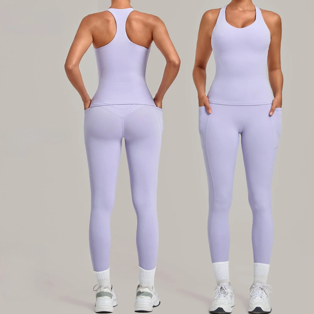Tight-fitting I-shaped Back Sports Suit Women Push Up Padding Vest + Pocket Leggings 2Pieces Yoga Sets Sports Gym Yoga Clothes