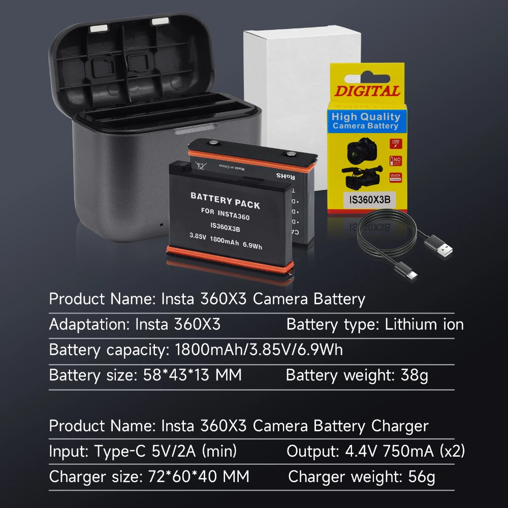 For Insta360 X3 One X 3 Battery Kit 1800mAh Fast Charge Li-ion Camera Battery for Insta 360 X3 Plus Type-C 2 Slots LED Charger