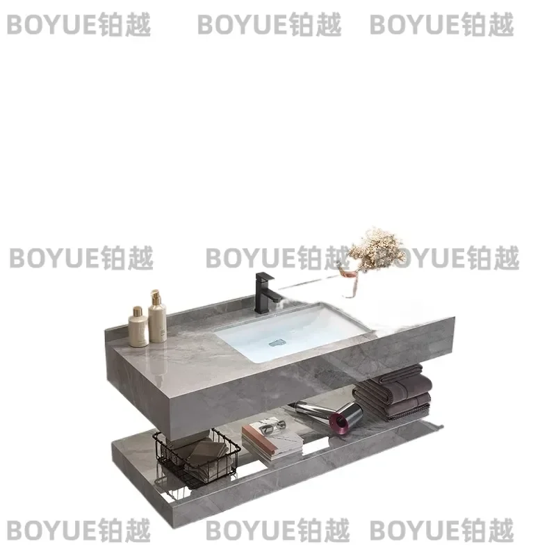 Modern Double Layer Bathroom Vanity with Ceramic Basin and Rock Slab Top Wall Mounted Washstand for Hotel Home Toilet Sink