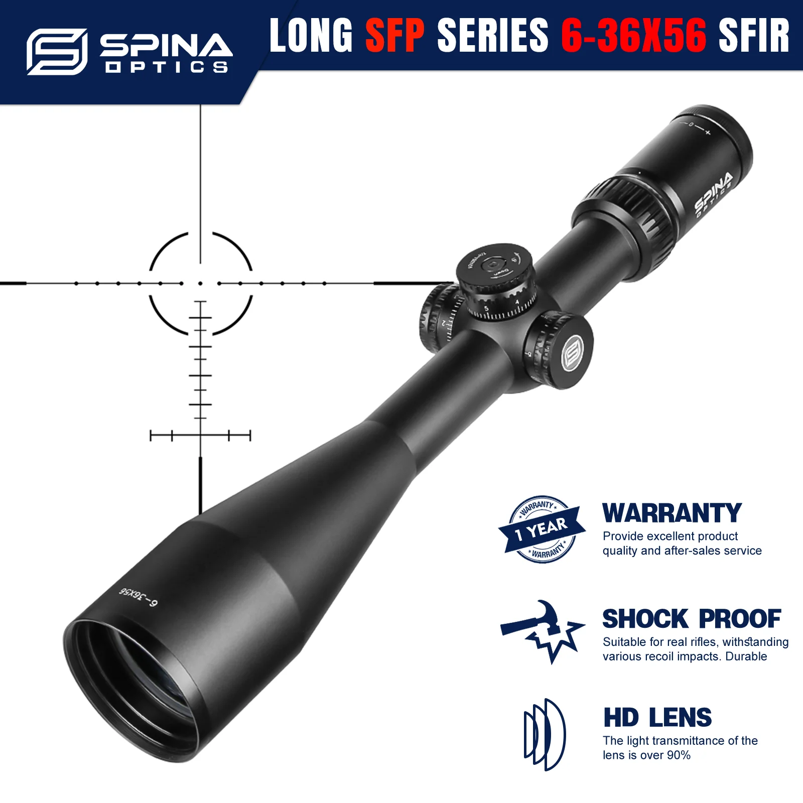 

SPINA OPTICS HD 6-36X56 SF Tactical Riflescope Sniper Sight Remote Hunting 1/8MOA Turrets Lock Reset Fit AR15.223.308 etc