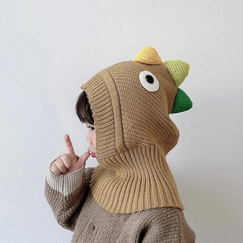 MILANCEL New Winter Children's Dinosaur Knitted Hat Kids Cute Hat with Scarf Boys Warm Cap