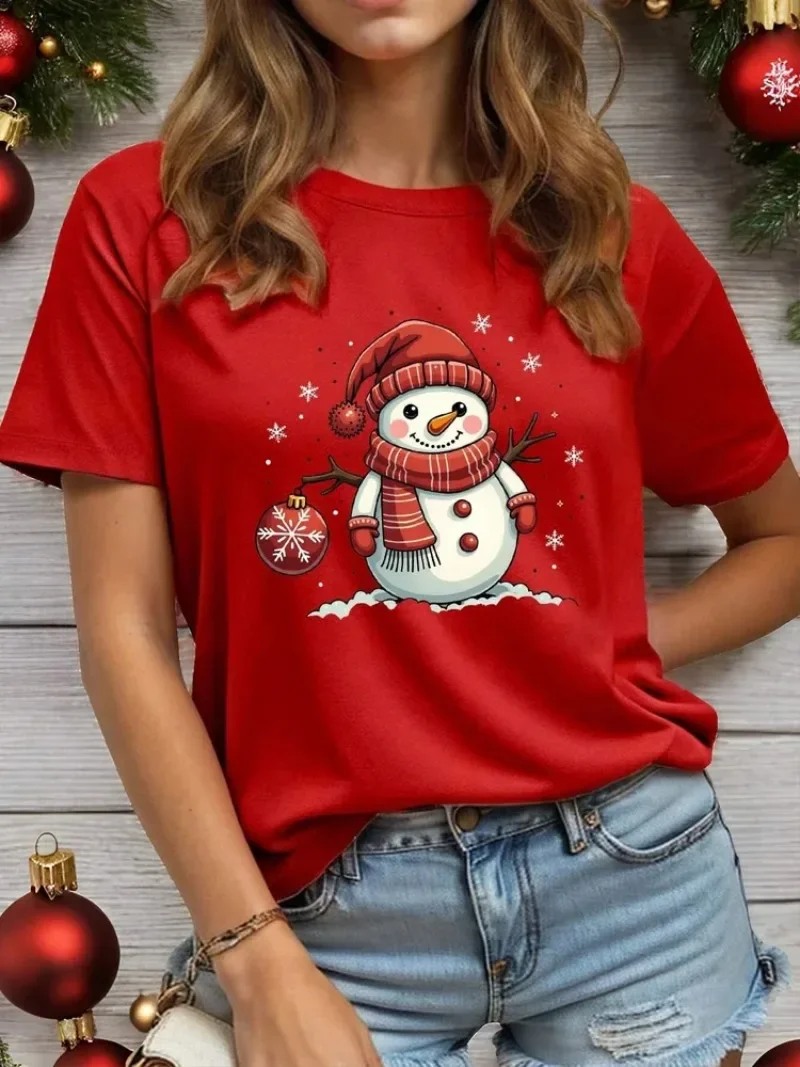 Frohe Weihnachten Gnome Und die schneemann T-Shirt für Frauen Lose Rundhals Kurzarm Weibliche T-shirt Tops Casual Harajuku T-shirt