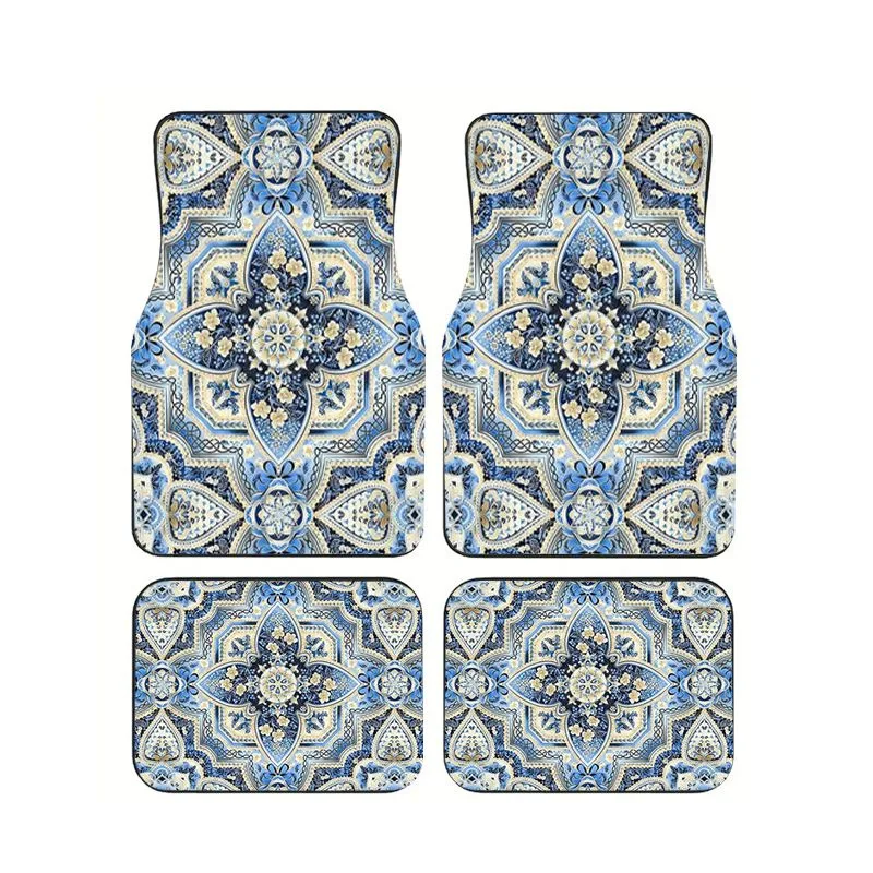

Blue White Floral Mandala Car Floor Mats 4pcs Vintage Tile Print Non-slip Foot Carpets for Auto