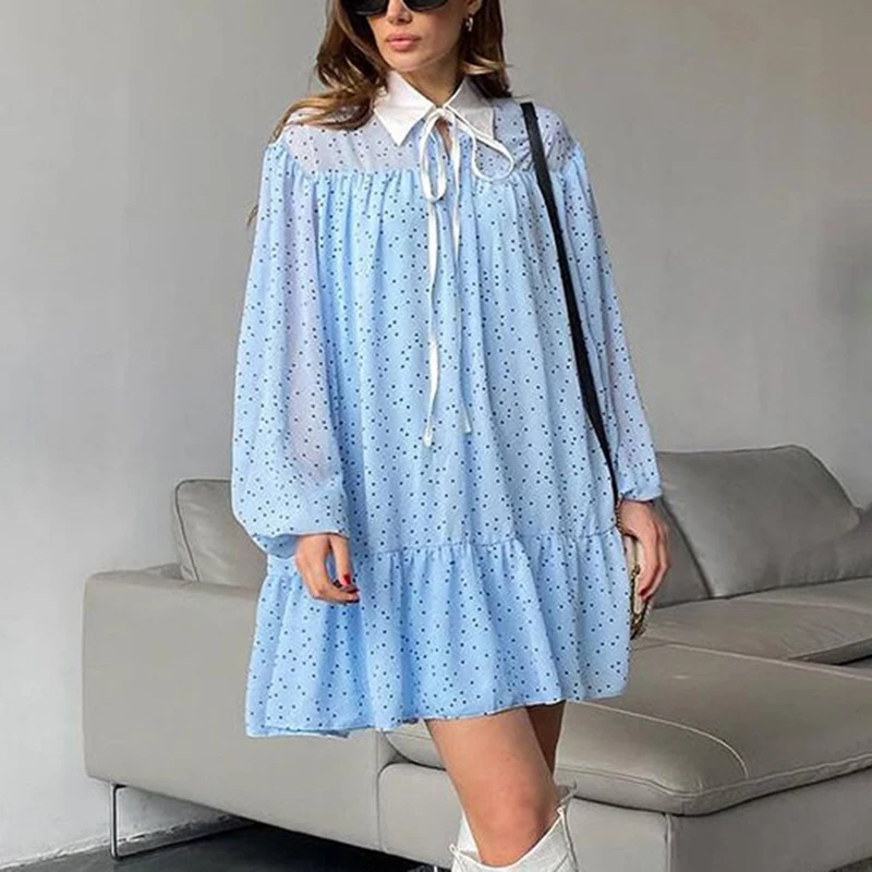 

Talenza Polka Dot Dress Women's Lace Up Lapel Button Long Sleeve See Through Mini Dress Female Fashion Loose Casual A Line Dress
