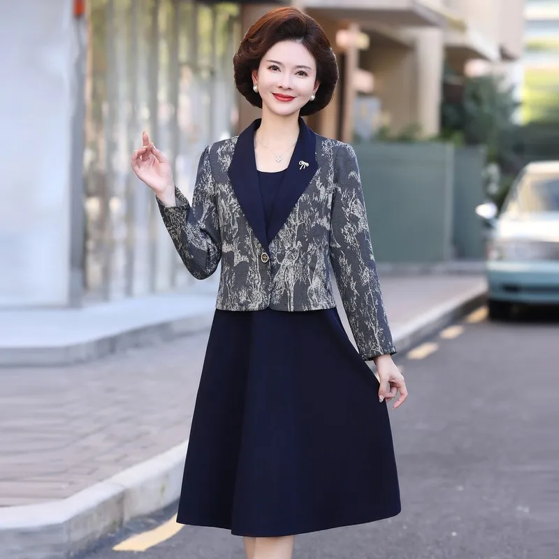 Fake two items Mid length Suit Collar Long sleeved Dress Women's Autumn Printed patchwork Slimming Knee Length Rob